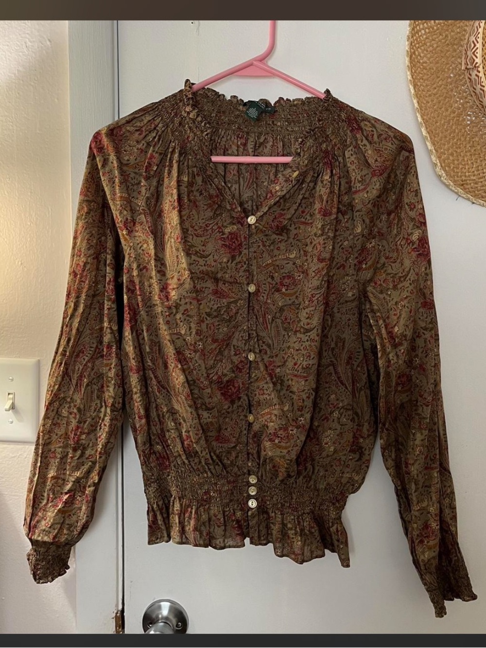 Ralph Lauren Paisley Button-Front Smocked Hem Blouse - Brown & Red